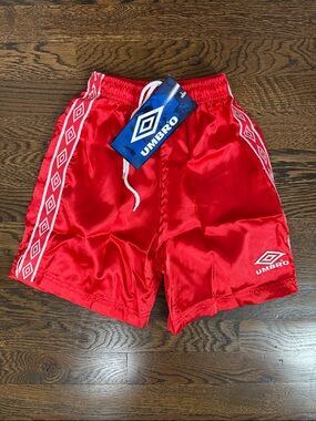 Umbro Vintage 1990s Essential Satin Youth M Red Shorts with White Diamond Tape